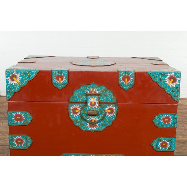 Wood Chinese Vintage Blanket Chest with Red Lacquer and Cloisonné Floral Décor For Sale - Image 7 of 13