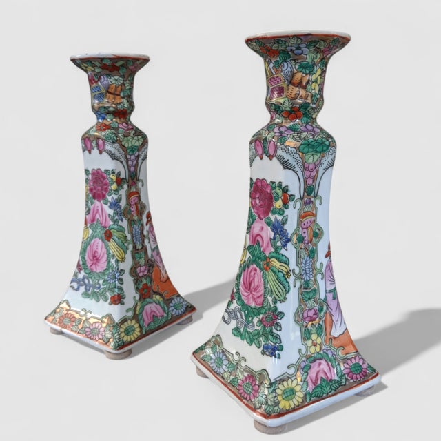 A Pair of Vintage Chinoiserie Hand Painted Porcelain Candlestick Holders Made in Macau