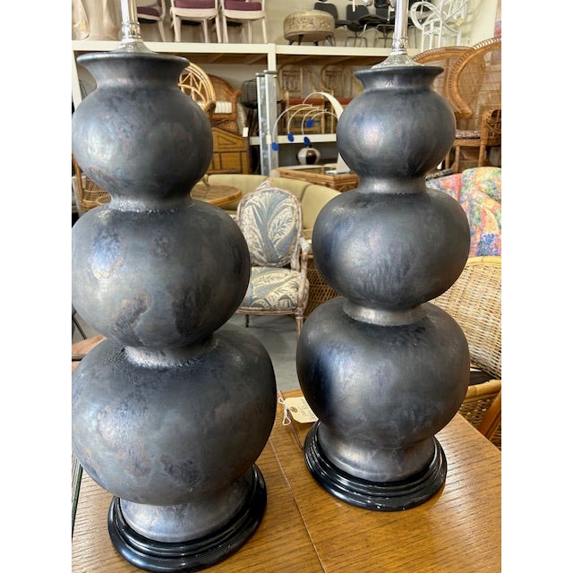 Modern Jean Roger Antiqued Platinum Glazed Porcelain Gourd Lamps, a Pair For Sale - Image 3 of 11