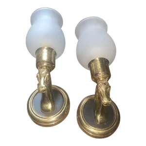 1950's French Regency Dore Bronze Horse Bust Wall Sconces With Opaline Shades by Maison Jansen a - Pair