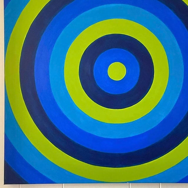 Blue Vintage Signed Op Art Concentric Circles Oil Painting For Sale - Image 8 of 13