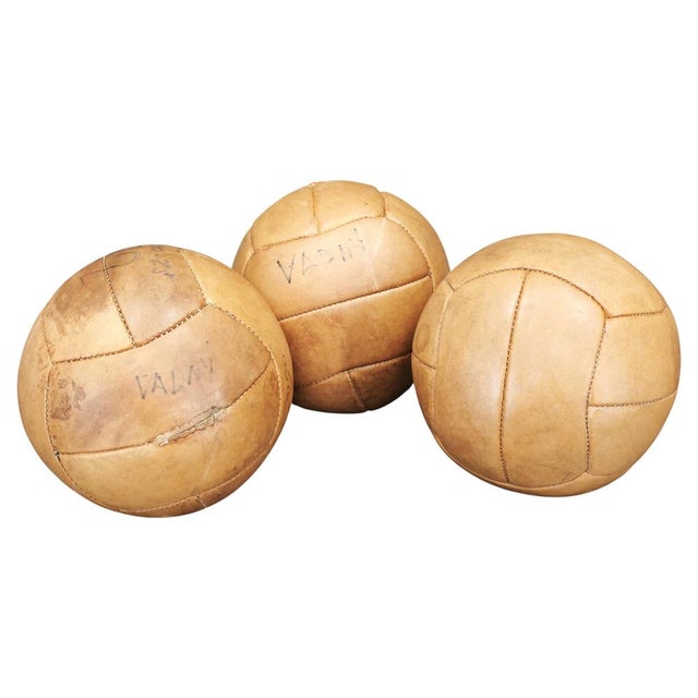 Rare set of three original leather medicine balls produced in Czechoslovakia during the 1950s. Featuring beautifully aged...