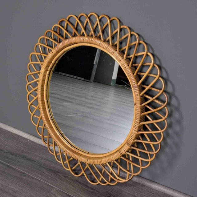 Mid-Century Italian Round Rattan Wall Mirror For Sale - Image 4 of 8