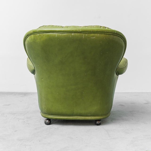Armchair with Wheels in Green Leather, 1950s For Sale - Image 9 of 13