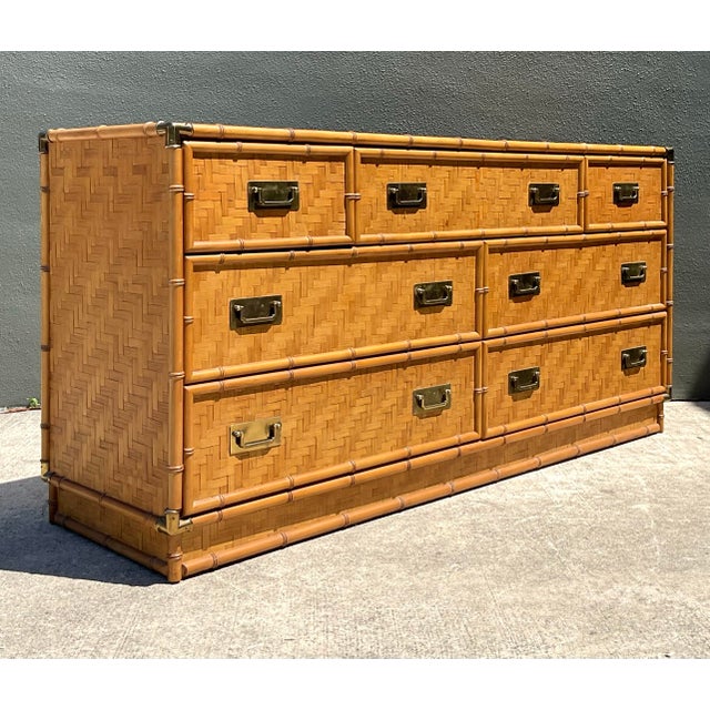 Mid-Century Modern Vintage Dixie Parquet Rattan Six-Drawer Dresser For Sale - Image 3 of 12