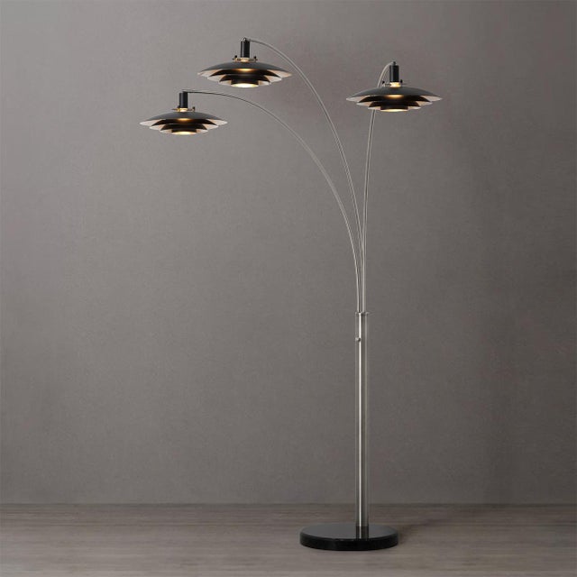 Mid-Century Modern Rancho Mirage 3 Light Arc Floor Lamp - 84", Satin Nickel Finish, Matte Black & Silver-Leaf Shade, Marble Base, Dimmer Switch For Sale - Image 3 of 11