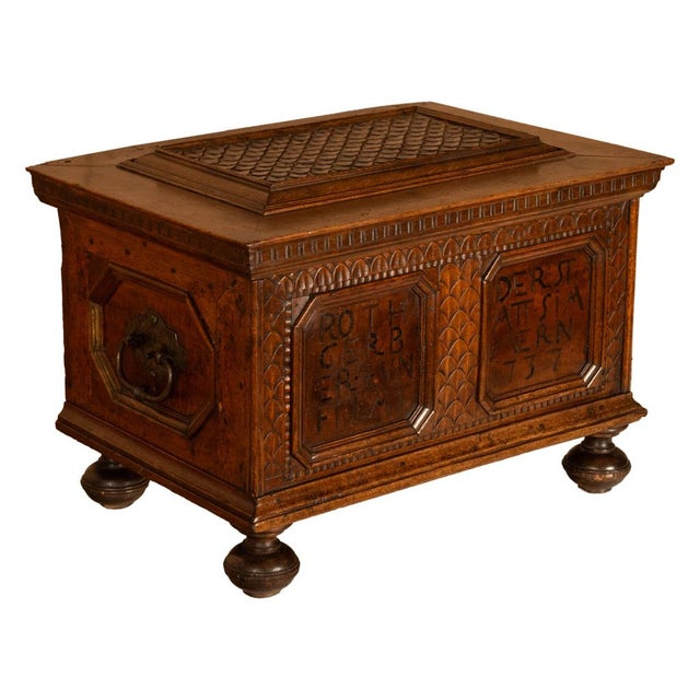 Mid 18th Century Antique Carved Walnut & Iron Coffer Chest Strong Guild Box Simmern Germany 1737 For Sale - Image 5 of 18