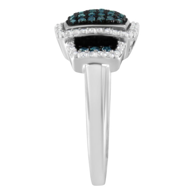 Early 21st Century Black Rhodium Plated .925 Sterling Silver 1/2 Cttw White & Blue Diamond Square Halo Cocktail Ring - SIze 7 For Sale - Image 5 of 7