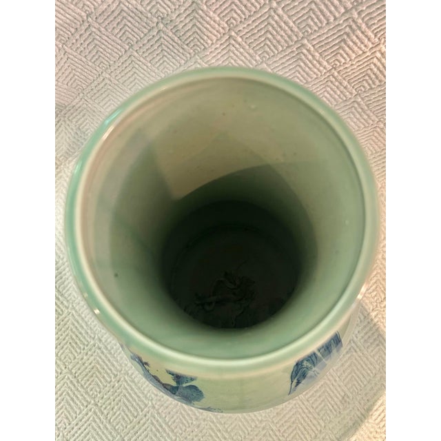 Vintage Chinoiserie Celadon & Cobalt Blue Vase With Lion Mask Handles For Sale - Image 9 of 11