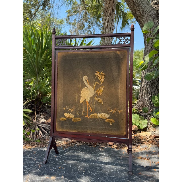 Antique Chinese-Style Embroidered Crane Fireplace Screen For Sale - Image 4 of 4
