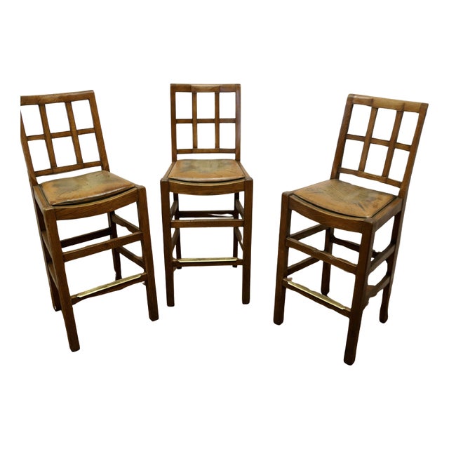 Arts and Crafts High Bar Stools in Oak, 1950s, Set of 3 For Sale