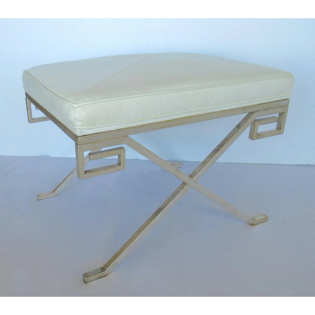Metal C. .2001 Nancy Corzine Gilt Sterling Silver Over Forged Metal "Greek Key," Leather Topped "Marston" Benches For Sale - Image 7 of 18