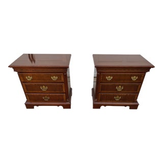 Late 20th Century Vintage Mahogany Chippendale Style Pair of 3 Drawer Nightstands With Protective Glass Tops For Sale