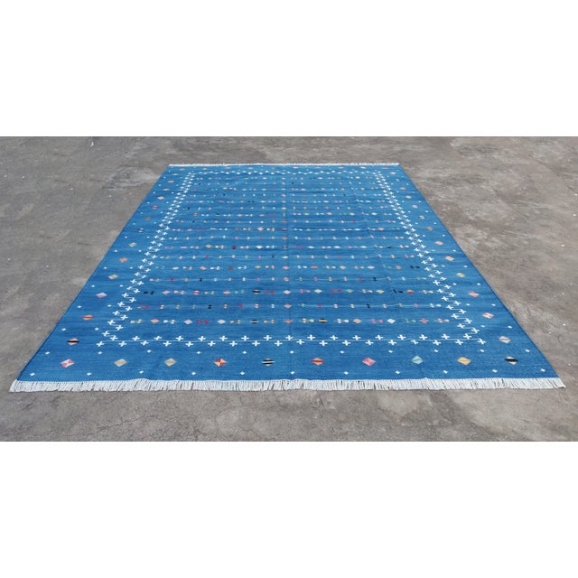 Handmade Cotton Flat Weave Reversible Indigo Blue Shooting Star Area Rug - 12'x15' For Sale - Image 9 of 11
