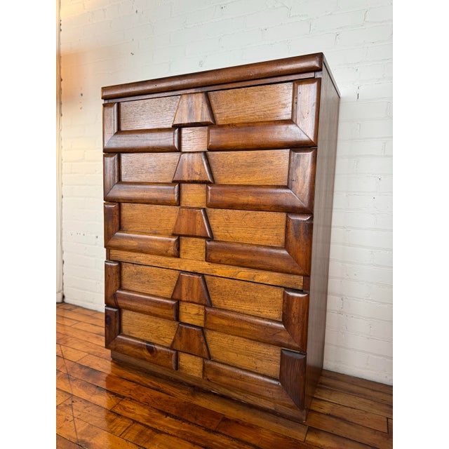 Mid-Century Modern Vintage Lane Brutalist Highboy 5-Drawer Dresser, Attributed For Sale - Image 3 of 8