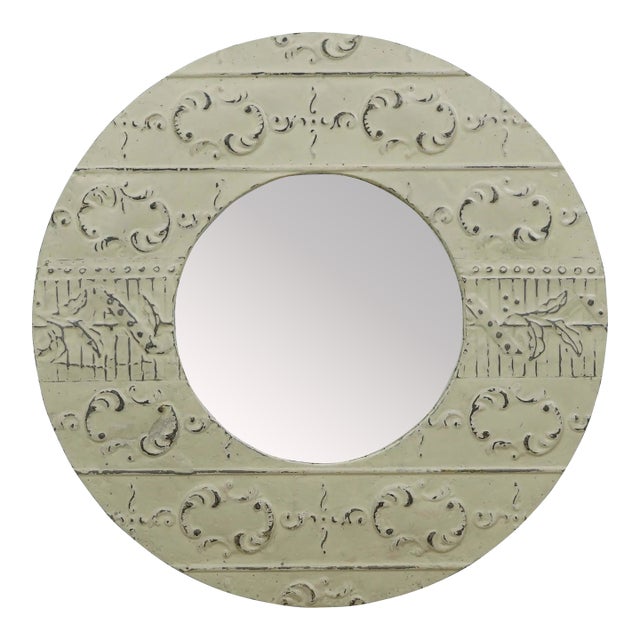 Handcrafted Round Wall Mirror Made from Antique White Tin For Sale