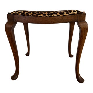 Vintage Mahogany Queen Anne Bench or Footstool in Leopard Upholstery For Sale