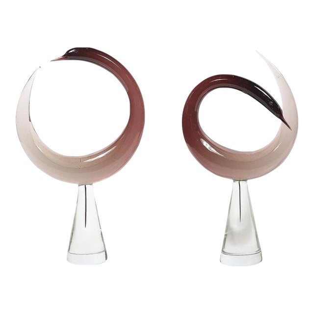 Mid-Century Hand-Blown Spiraled Murano Glass Bird Sculptures Signed Salviati - Set of 2 For Sale