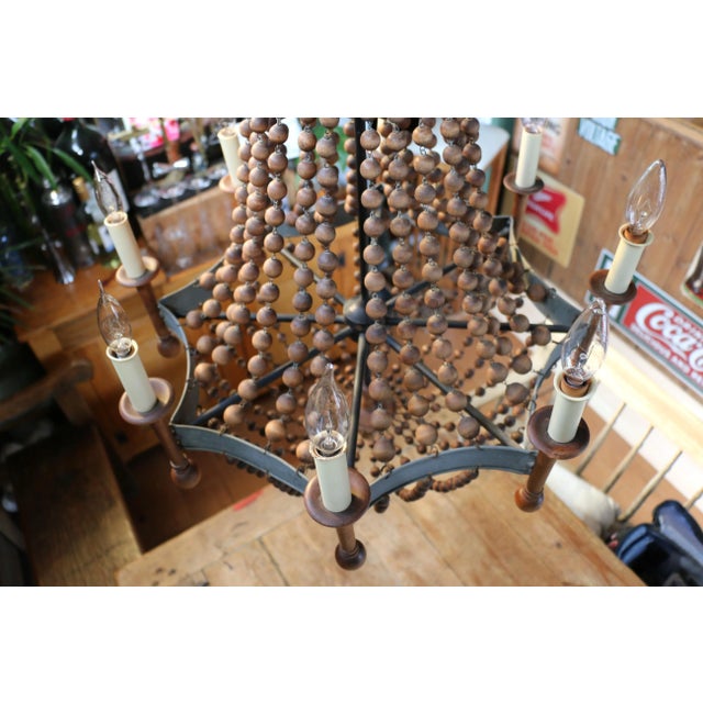 1940s Vintage Wood Bead and Verde Brass Chandelier, 1940s For Sale - Image 5 of 12