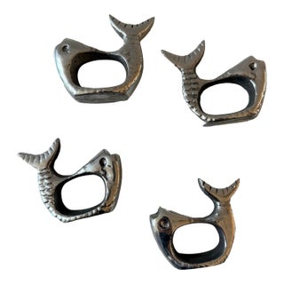 Set of 4 Pewter Silver Fish Shaped Napkin Rings For Sale