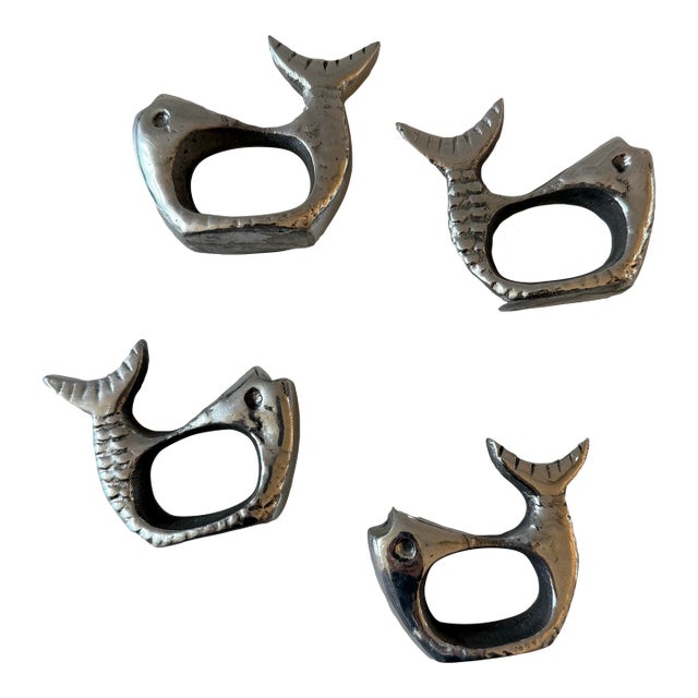 Set of 4 Pewter Silver Fish Shaped Napkin Rings For Sale