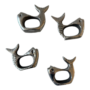 Set of 4 Pewter Silver Fish Shaped Napkin Rings