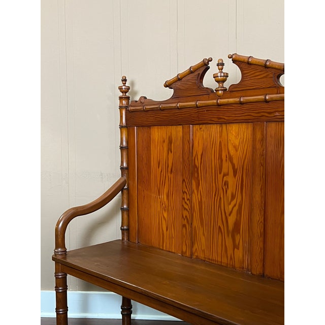 Wood Antique English Faux Bamboo Pine Hall Bench Victorian High Back Settle C1890 For Sale - Image 7 of 18