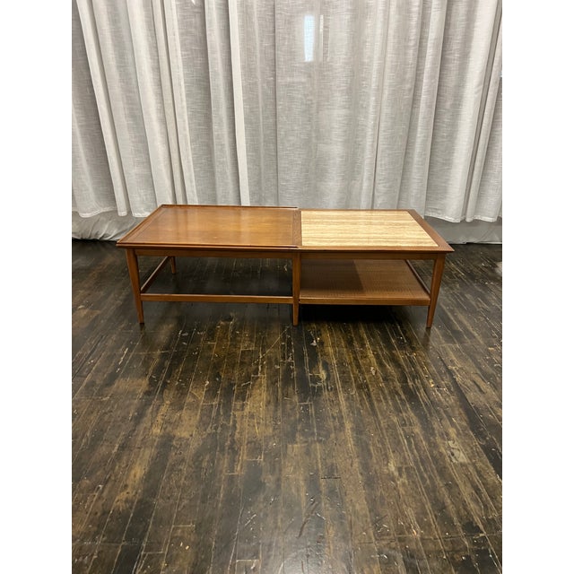 Mid-Century Walnut Coffee Table With Travertine Inset and Caned Shelf by Heritage For Sale In Chicago - Image 6 of 8