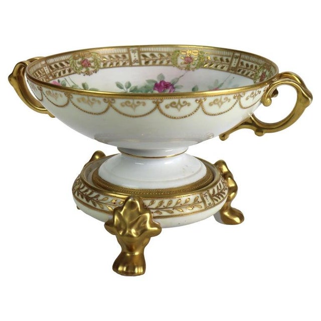 Antique Nippon Floral Hand Painted, Enameled & Gilt Porcelain Centerpiece Bowl with Pedestal Base Signed C1910 Measures -...