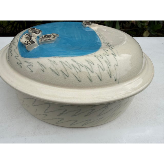 Late 20th Century Vintage Studio Pottery Covered Dish With Fish & Boat Lid Signed Folk Art Ceramic For Sale - Image 5 of 10