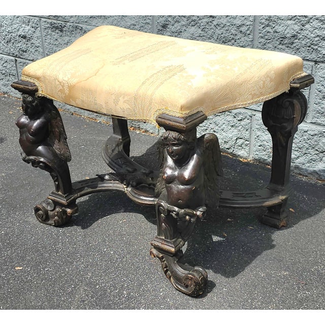 Wood Italian Baroque Style Sculpted Walnut Figural Upholstered Bench, Circa 18th For Sale - Image 7 of 11