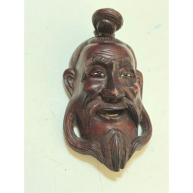 Chinese Vintage Chinese Hand-Carved Hardwood Smiling Sage Elder Wall Mask For Sale - Image 3 of 9