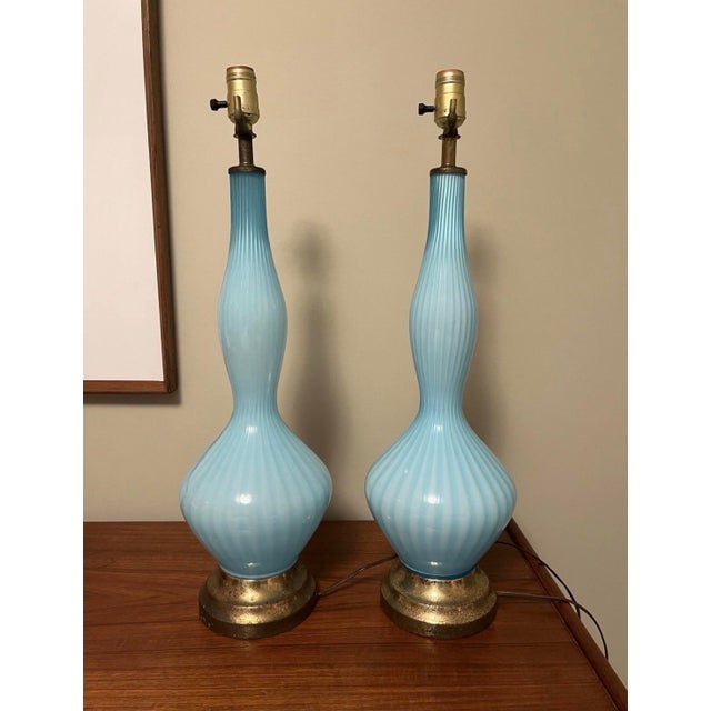 Vintage Murano Glass Lamps Barovier Taso Turquoise Blue Mid-Century Modern 1950s-60s For Sale - Image 4 of 12