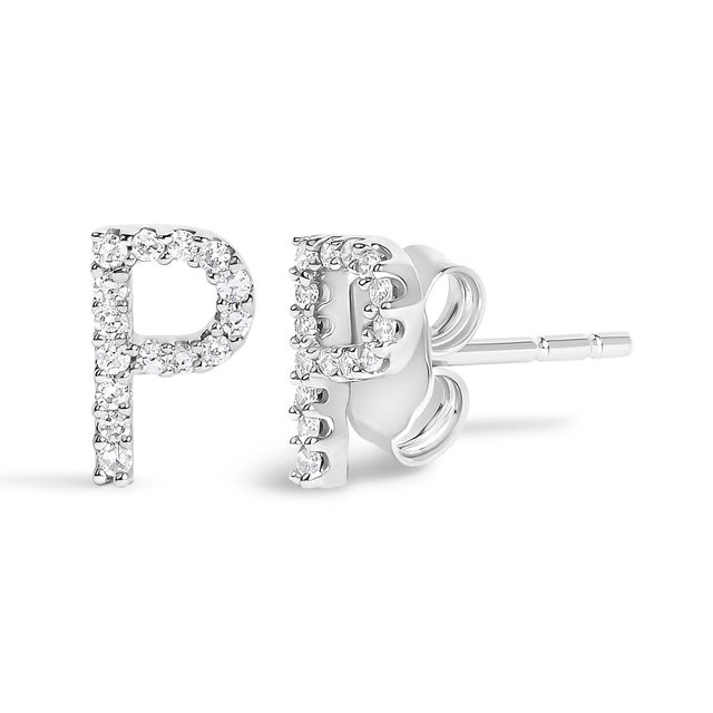 Expertly crafted to symbolize individuality and grace, this exquisite "P" initial stud earring is fashioned from radiant...