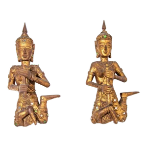 Asian Thai Angel Figures of Musicians Wood Sculptures