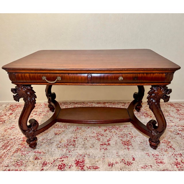 Victorian Antique Carved Mahogany Library Table With Lion Head Legs, C. 1900–1915 For Sale - Image 3 of 12