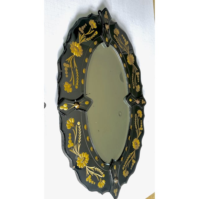 Pair of Mid-Century Italian Venetian Black Glass and Gilt Floral Mirrors, 1960s For Sale - Image 4 of 18