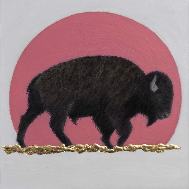 Contemporary Rose Sunset by Tammy Liu-Haller | Charcoal, pastel, ink, acrylic on panel depicting a bison silhouette. For Sale - Image 3 of 3