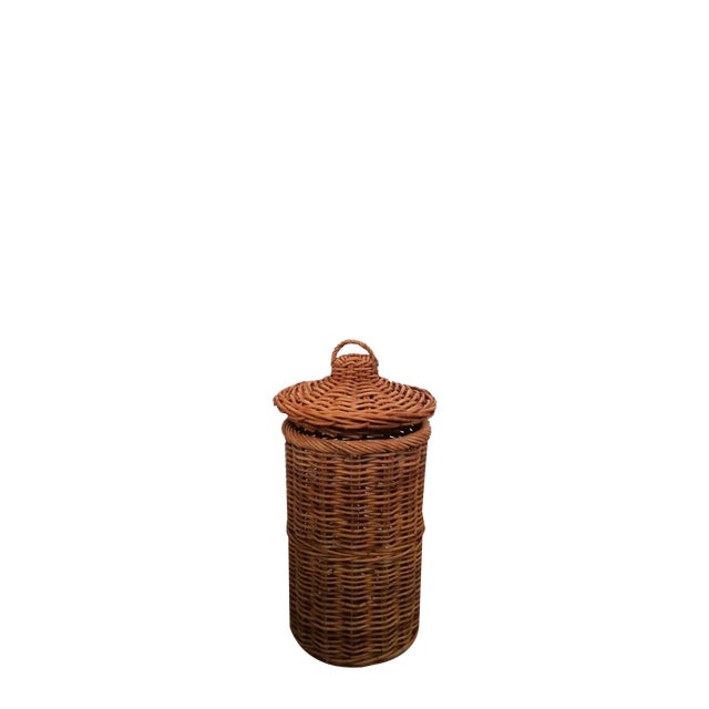 Large Italian Hand-Woven Willow Basket with Lid, 1950s For Sale