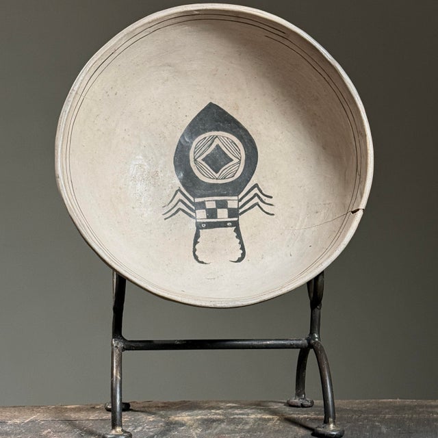 Large Antique Mimbres/Acoma Hand Painted White Slip Bowl with Ant Lion. Iconic black and white Mimbres design with an ant...