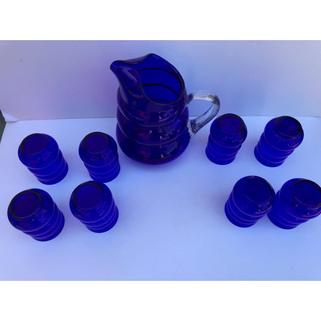 1930s 1930s Harpo Cobalt by Louie Glass Company Pitcher and Tumblers Set- 9 Pieces For Sale - Image 5 of 13
