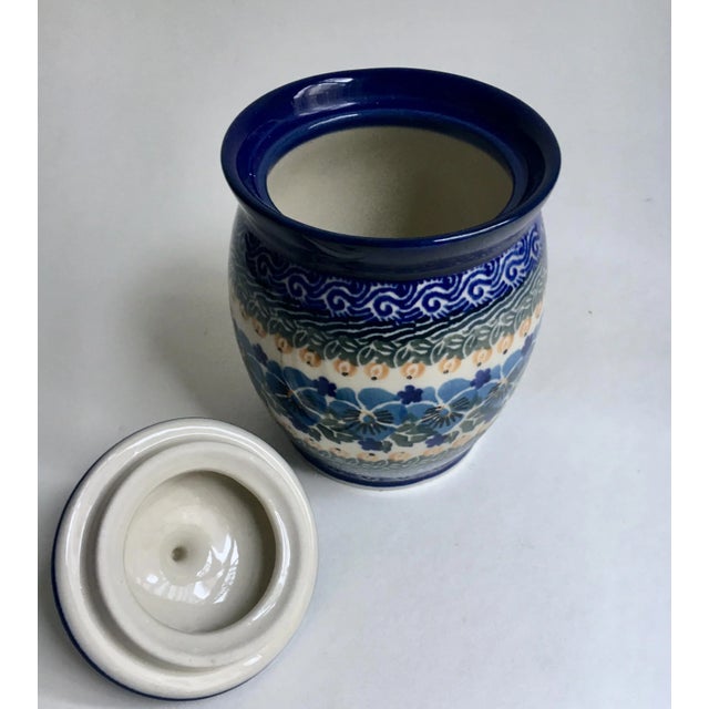Cornflower Blue Vintage Maria Starzyk Hand Painted Bue "Pansy" Pottery Lidded Jar For Sale - Image 8 of 12