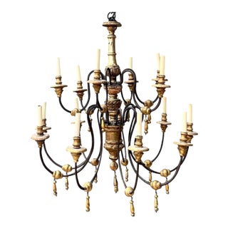 Vintage Gilt Wood and Metal Twelve-Light Chandelier For Sale