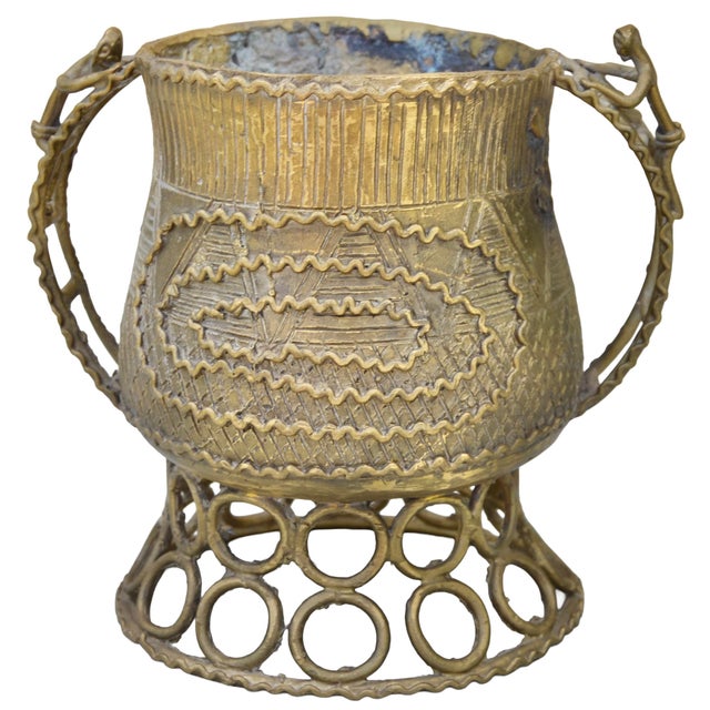 Mid-Century Modern Mid 20th Century Handcrafted & Engraved Brass Bowl W/ Ornate Handles For Sale - Image 3 of 7