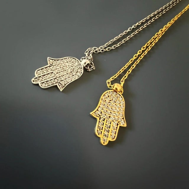 Dainty Diamond Hamsa Pendant Gold Chain Necklace For Sale - Image 4 of 8