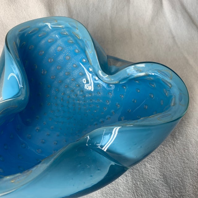 Barbini Vintage Alfredo Barbini Turquoise Blue Bullicante Art Glass Bowl With Gold Flecks For Sale - Image 4 of 5