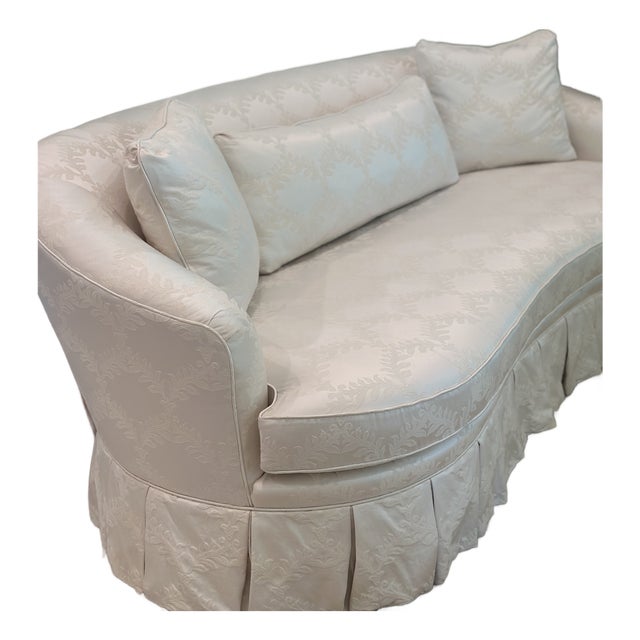 Vintage Curved Skirted Sofa Reupholstered in Ivory Silk Damask For Sale