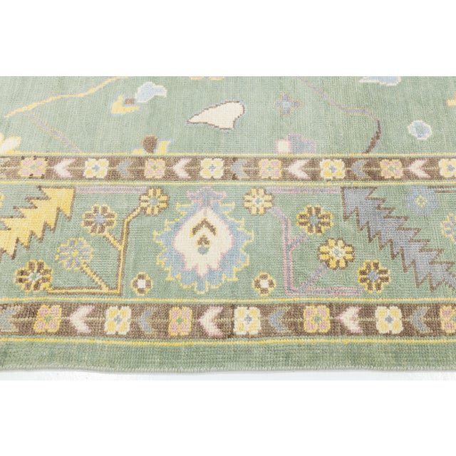 Modern Sage Green Oushak Style Wool Area Rug With Pastel Geometric Floral Accent For Sale - Image 9 of 12