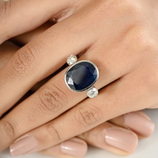 Blue Art Deco Oval Sapphire Diamond 18k Gold Cocktail Ring Size 5.5 For Sale - Image 8 of 12