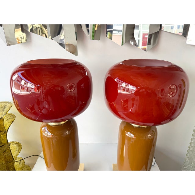 Contemporary Pair of Brass and Red Murano Glass Bulb Shade Lamps, Italy For Sale - Image 4 of 12